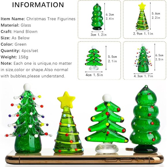 Set 4 Blown Glass Christmas Tree Figurine Art Glass Statue Holiday Decoration - Picture 2 of 8